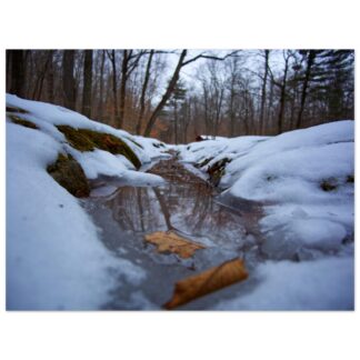 Snowy forest creek winter landscape framed wall art print, nature photography home decor gift for living room or bedroom