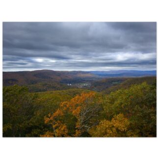 Autumn mountain valley wall art with rolling hills and dramatic cloudy sky home decor gift