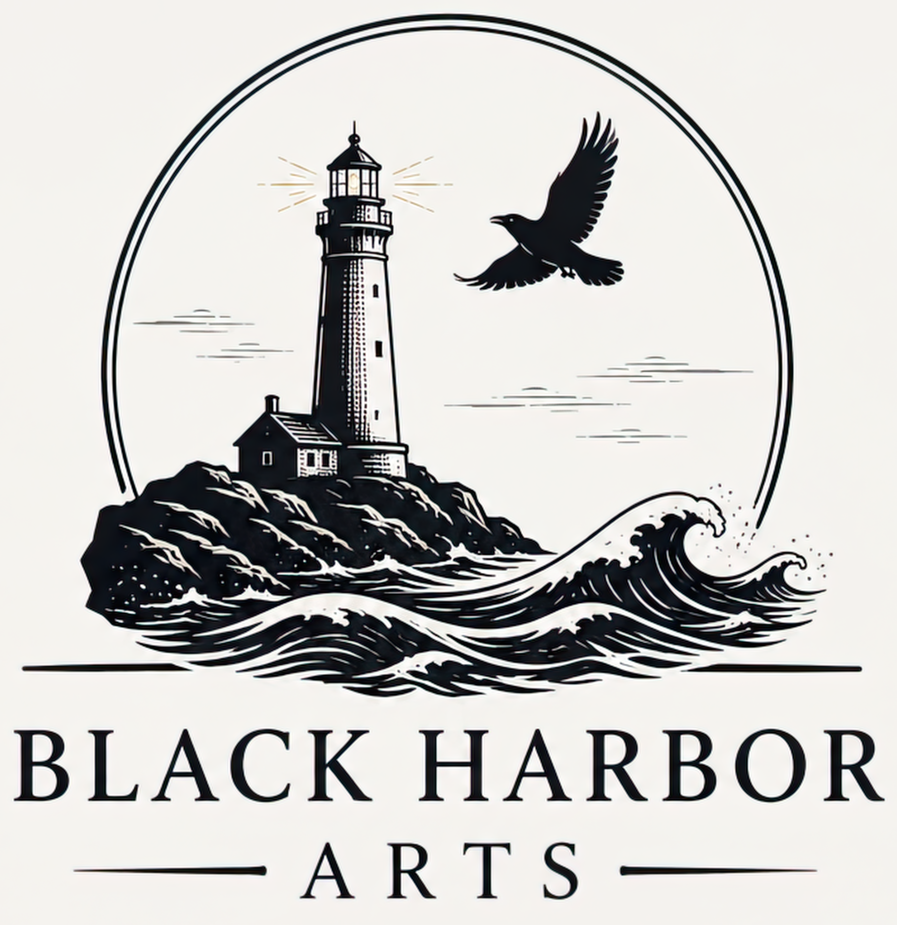 Logo featuring a black silhouette of a raven flying above a lighthouse rising from a ocean wave. Text says Black Harbor Arts against a white background.